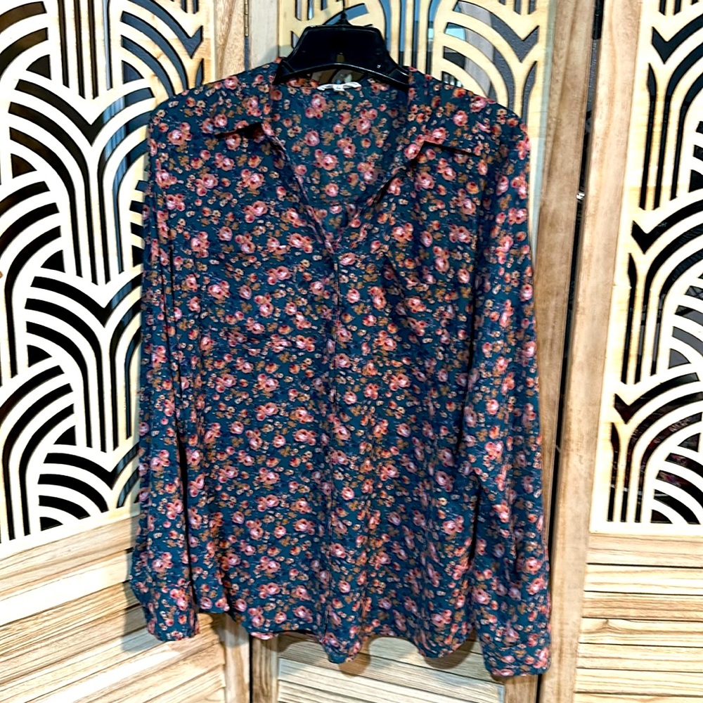 Long sleeve teal shirt with pink and beige floral design